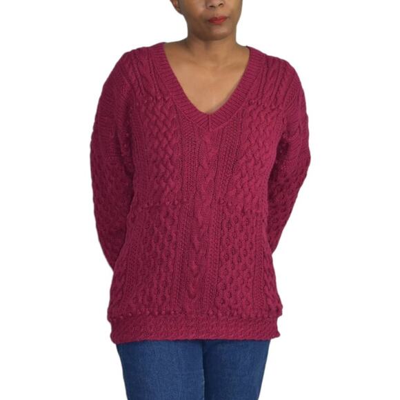 Vintage Express Sweater Red Hand Knit Chunky Cable Textured Fisherman Size Small - Picture 1 of 16